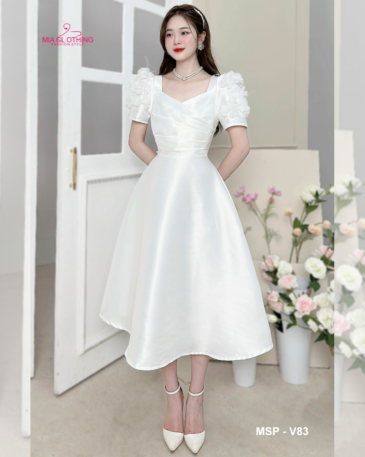 [ HẾT HÀNG ] Váy dự tiệc thiết kế tiểu thư duyên dáng, chất tafta cao cấp xếp ly ngực, đính bông tay thủ công