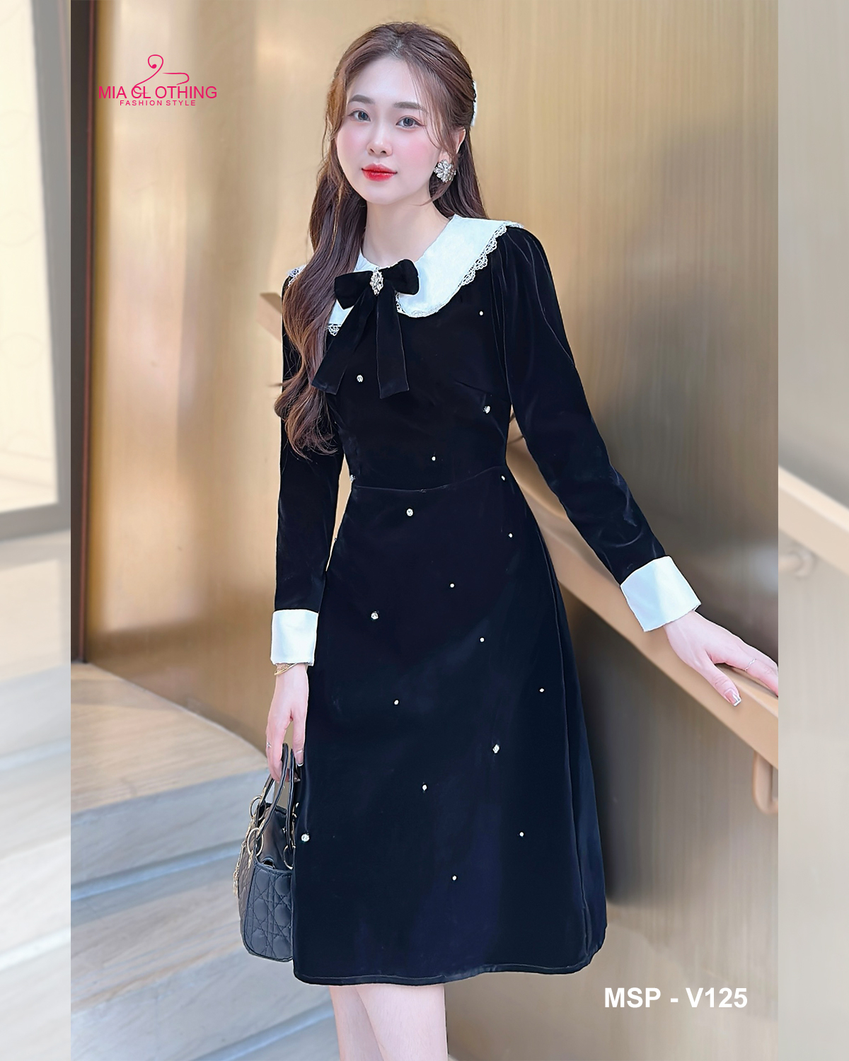 [ HẾT HÀNG ] Váy nhung thiết kế dự tiệc phối cổ tiểu thư và đính đá thân váy sang trọng