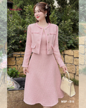 Set dạ tweed màu hồng thiết kế cao cấp sang trọng và thanh lịch