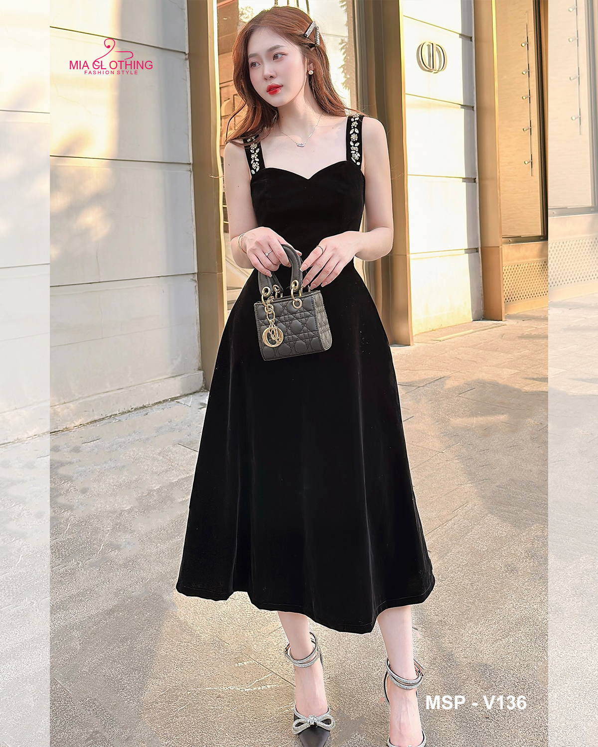 [ HẾT HÀNG ] Váy nhung thiết kế đính đá vai thủ công sang trọng và tinh tế
