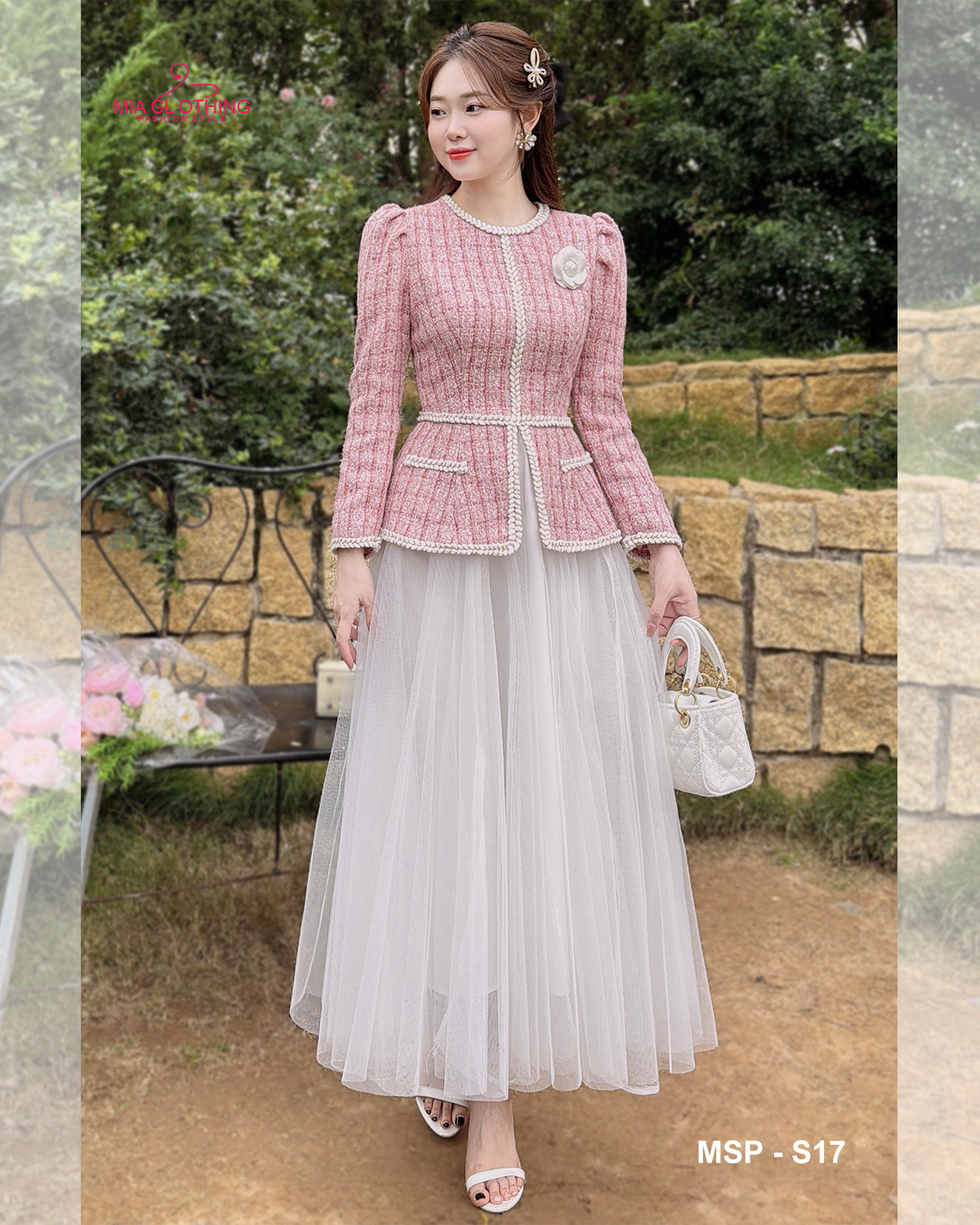 Set áo dạ tweed và chân váy cô dâu thanh lịch và sang trọng