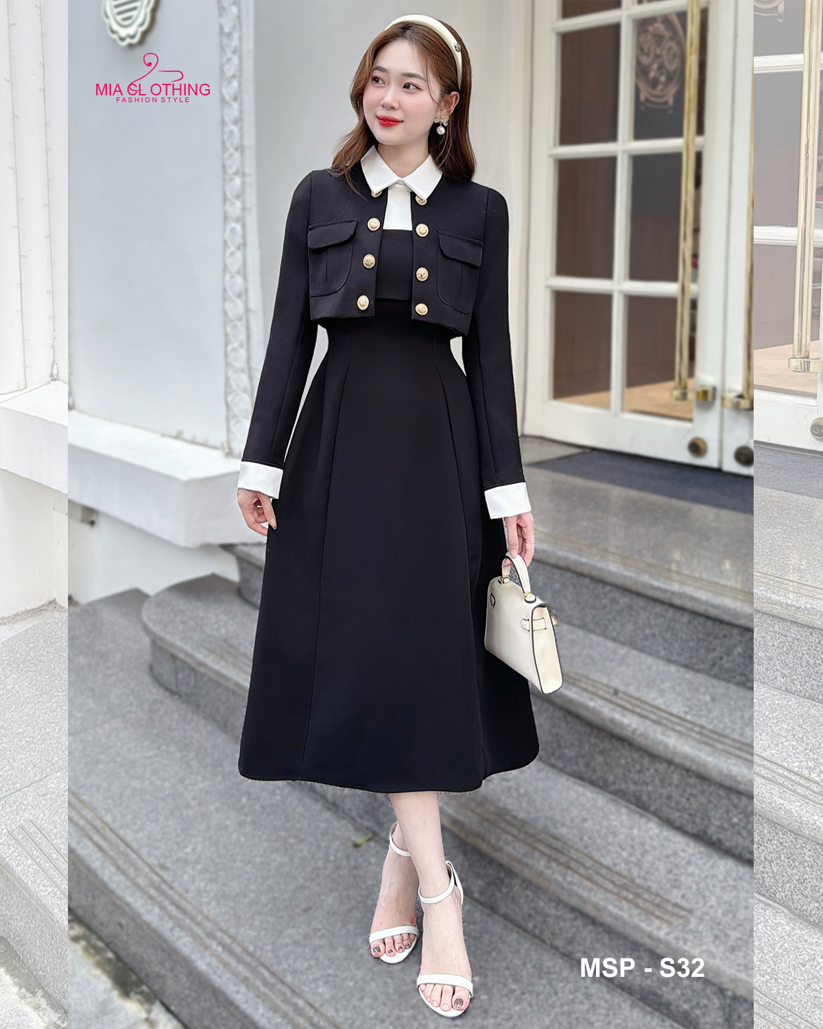 [ HẾT HÀNG ] Set áo phối váy cổ sơ mi thiết kế thanh lịch và sang trọng