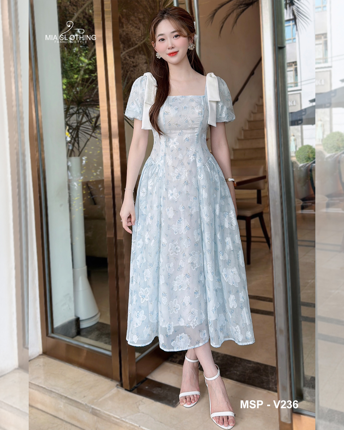 [ HẾT HÀNG ] Váy tơ hoa nổi phối nơ vai thiết kế thanh lịch cho nàng đi làm, đi chơi