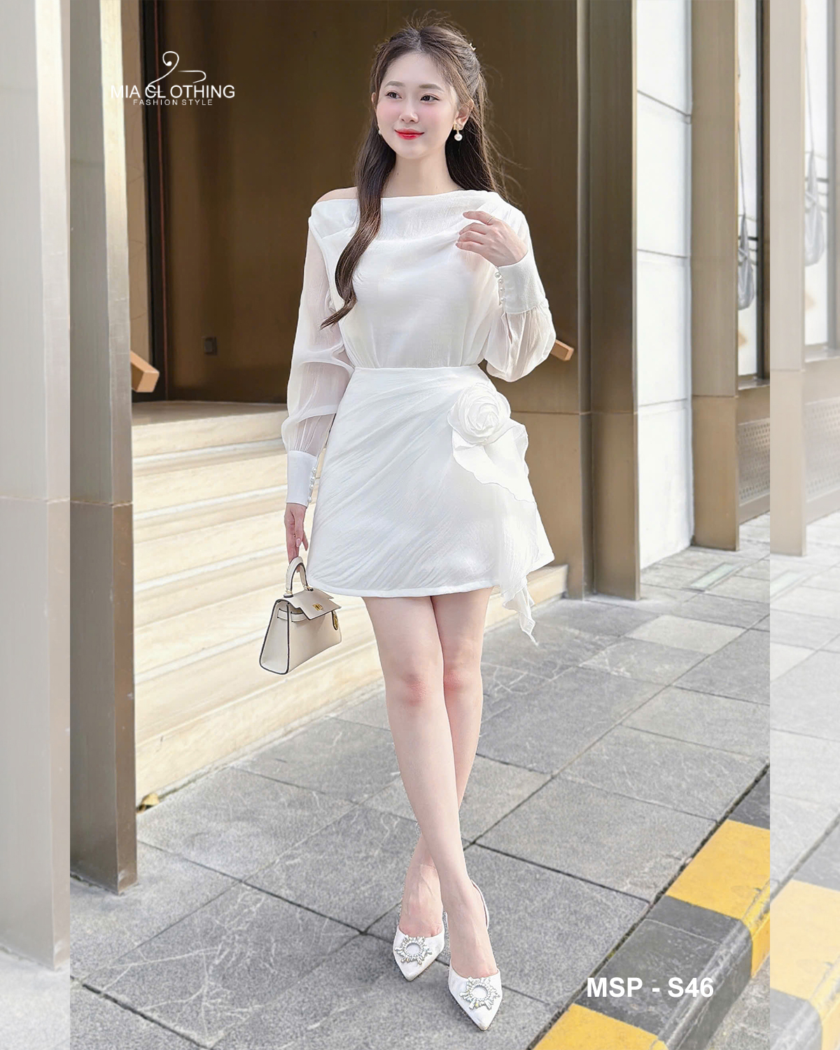 [ HẾT HÀNG] Set tơ trắng thiết kế áo kèm chân váy tiểu thư dễ thương