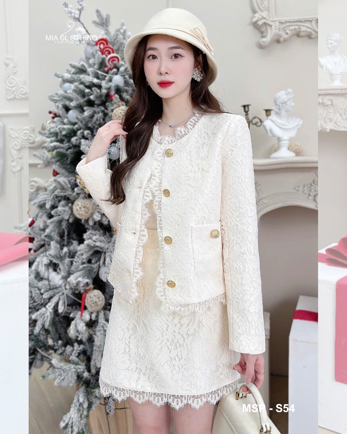Set ren chạy viền áo kèm chân váy thiết kế tiểu thư thanh lịch