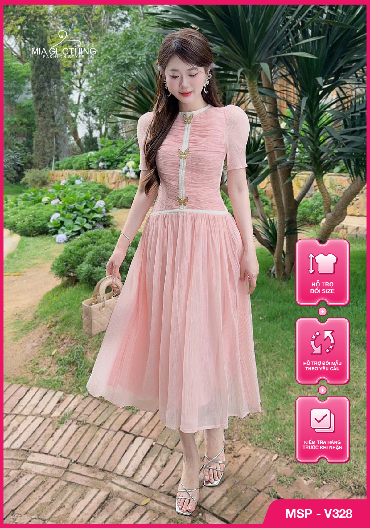 Váy tơ hồng chạy viền thiết kế tiểu thư thanh lịch 1