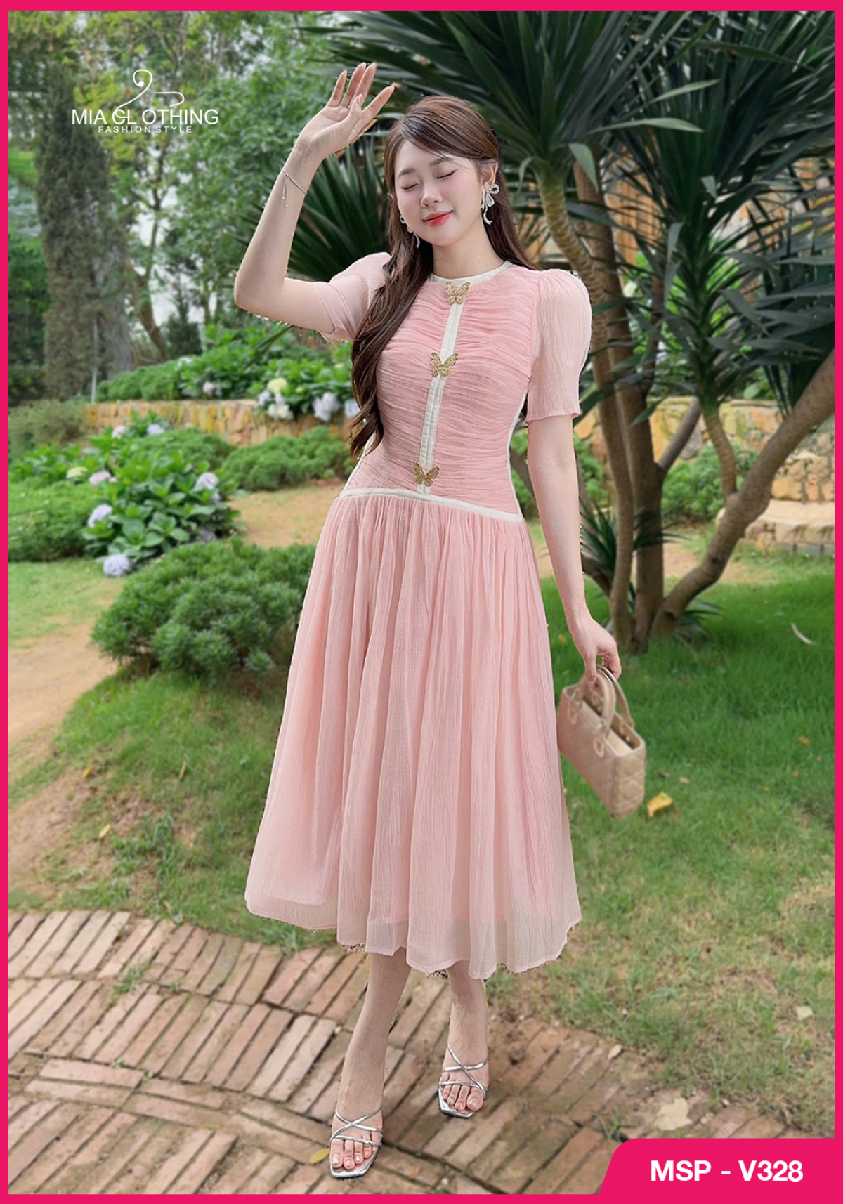Váy tơ hồng chạy viền thiết kế tiểu thư thanh lịch 2