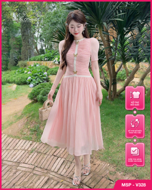 Váy tơ hồng chạy viền thiết kế tiểu thư thanh lịch