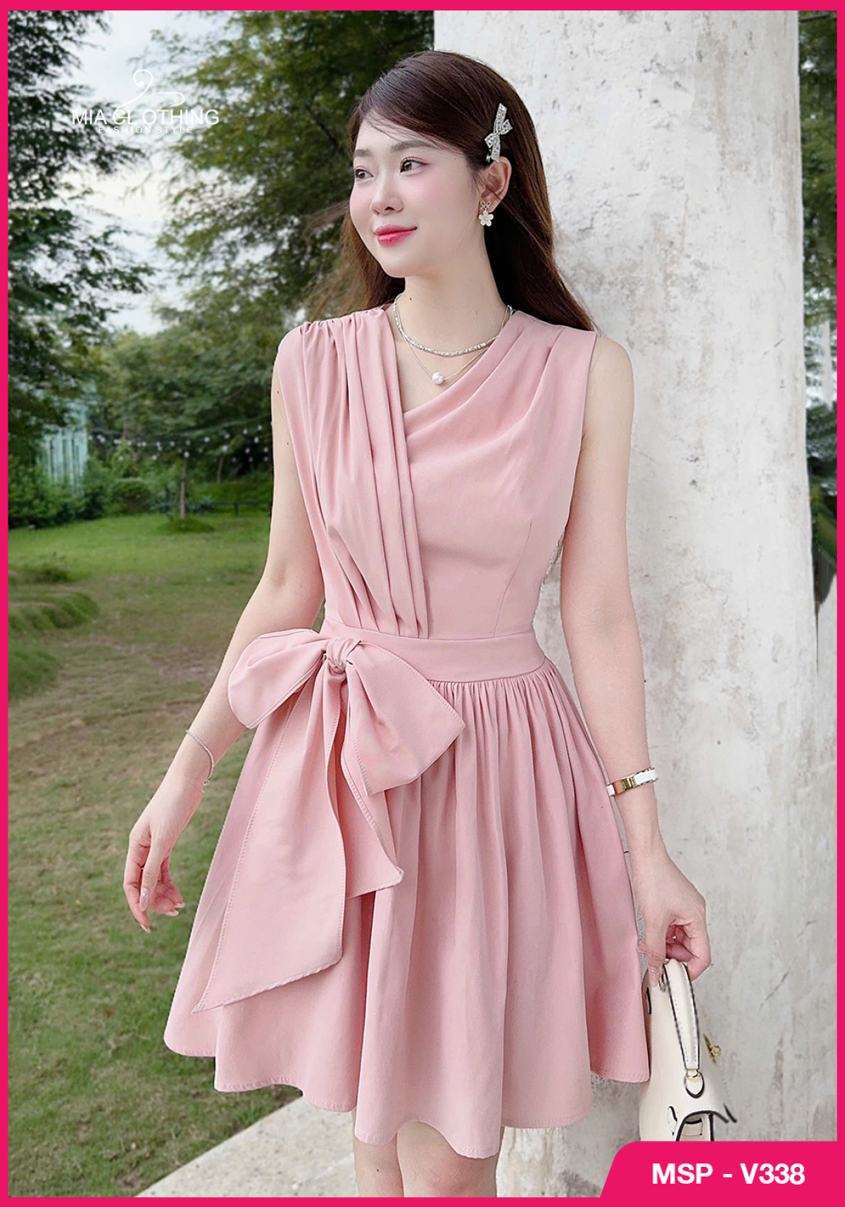 Váy hồng kate dập ly thắt nơ eo thiết kế tiểu thư thanh lịch 3