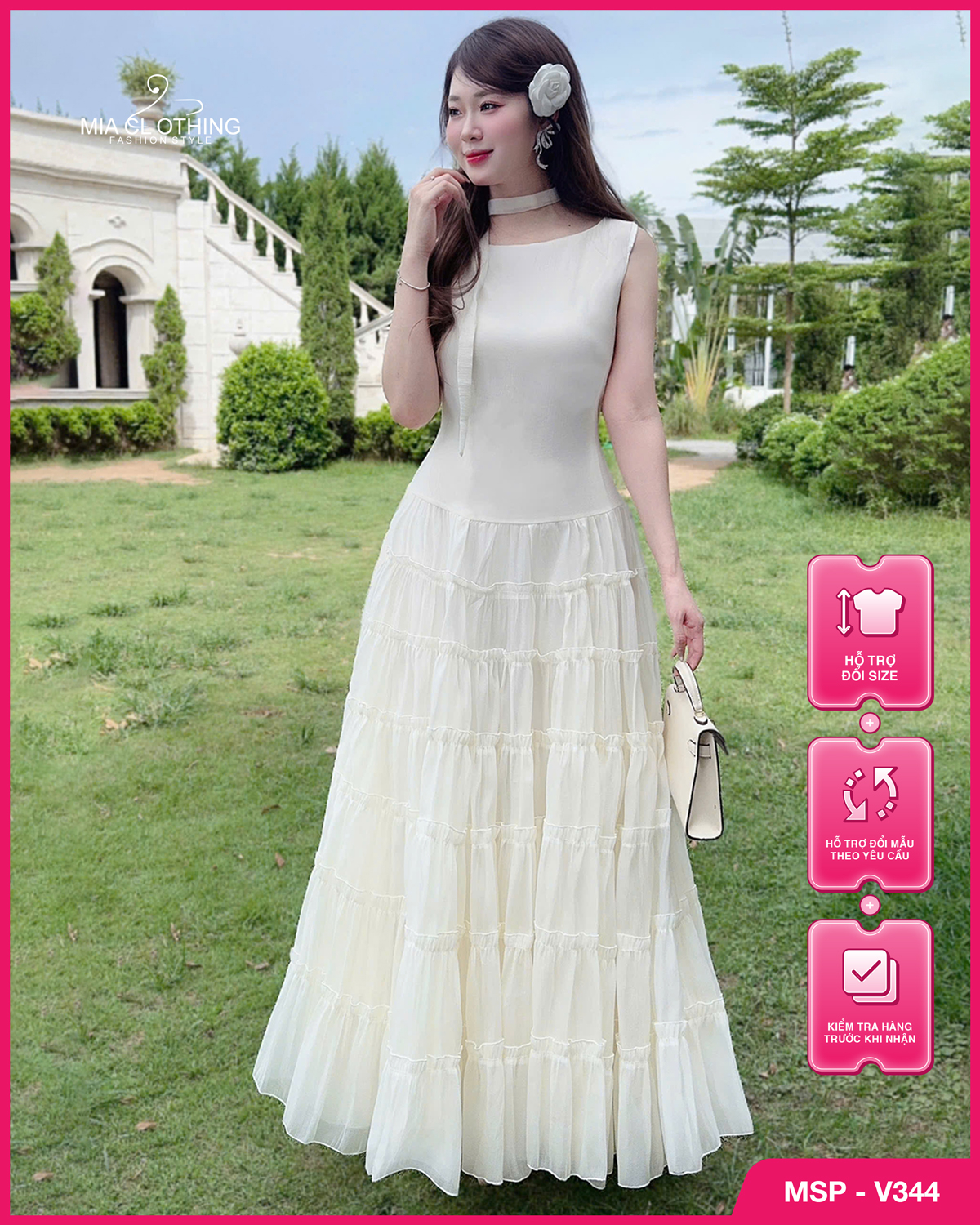 Váy tơ xếp tầng thiết kế tiểu thư thanh lịch và sang trọng