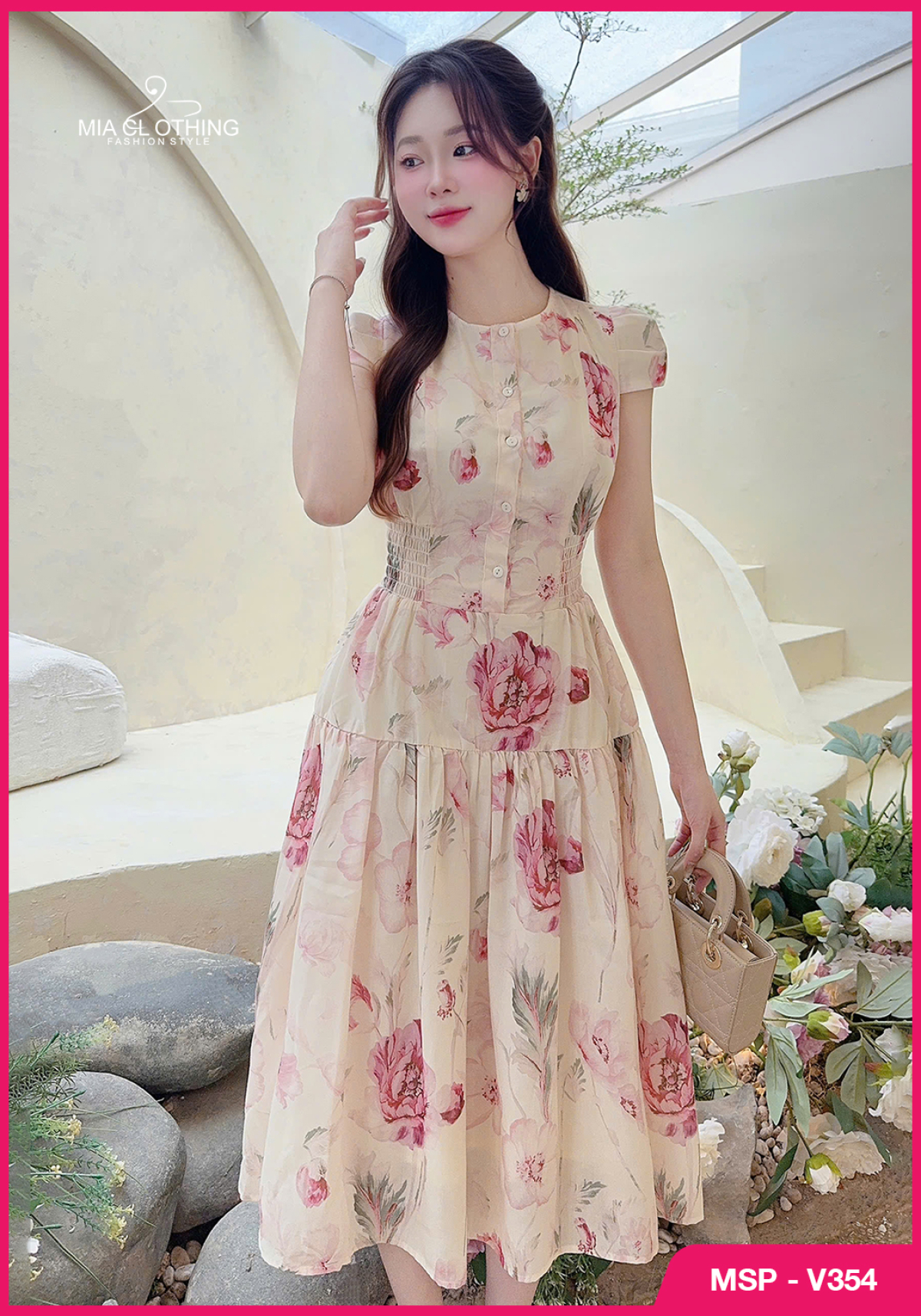 Váy đũi thô thiết kế chun eo họa tiết hoa thanh lịch 2