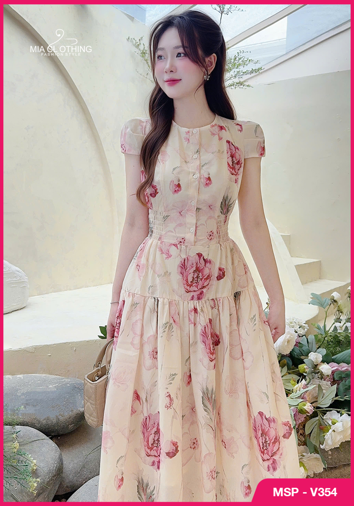 Váy đũi thô thiết kế chun eo họa tiết hoa thanh lịch 3