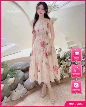 Váy đũi thô thiết kế chun eo họa tiết hoa thanh lịch