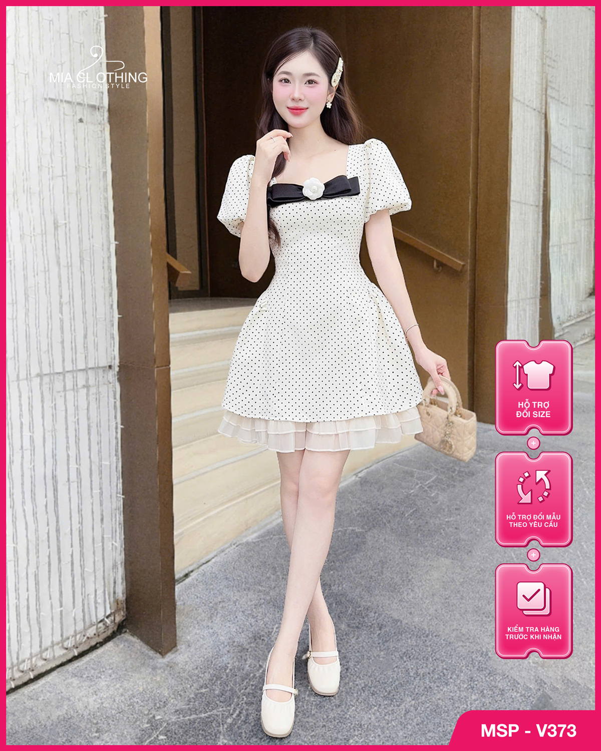 Váy chấm bi phối chân tơ thiết kế nhẹ nhàng thanh lịch 