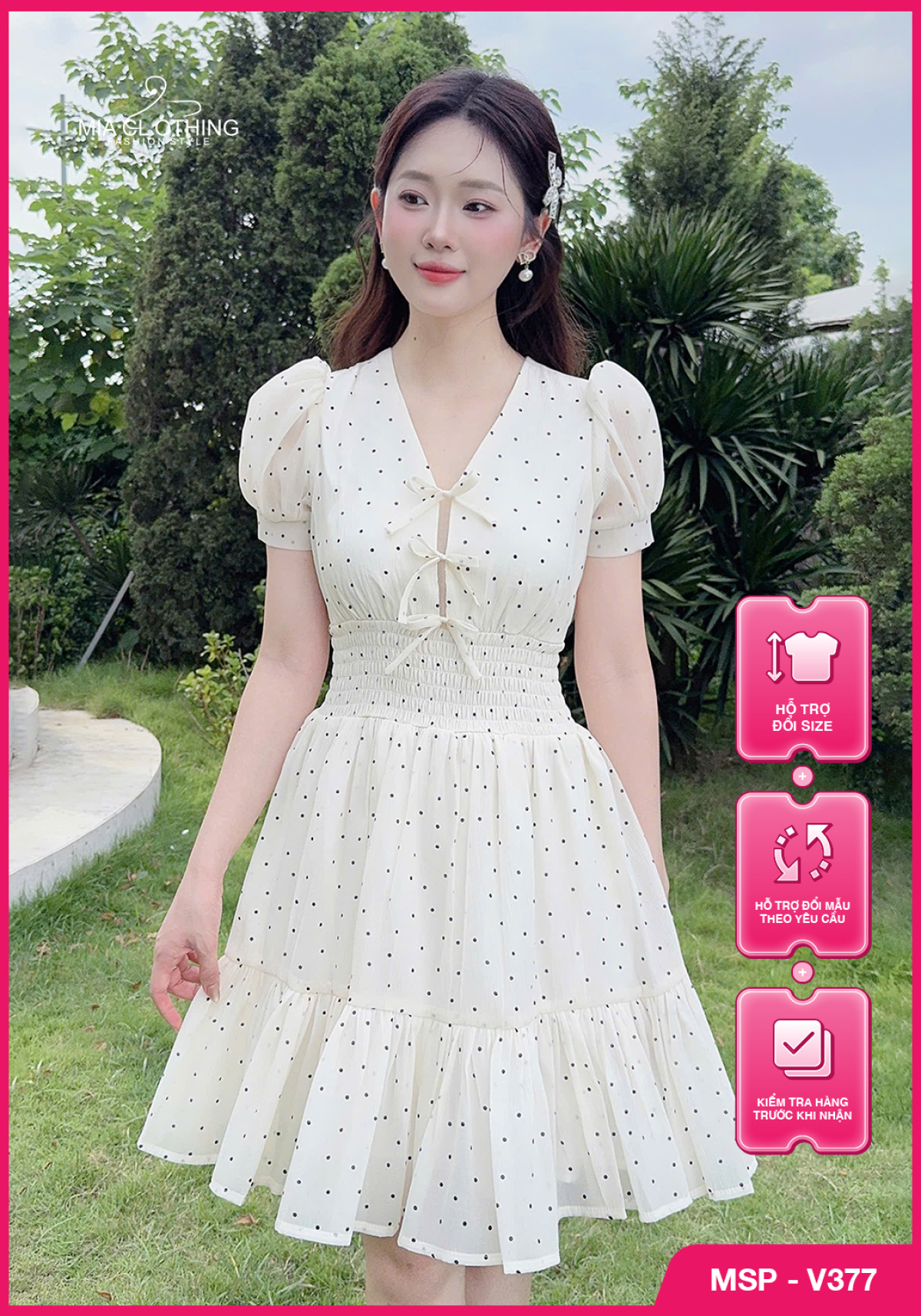 Váy tơ chấm bi thiết kế chun eo tiểu thư thanh lịch 1