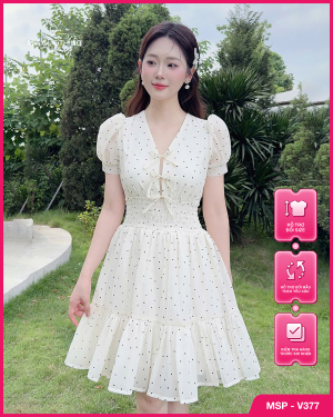 Váy tơ chấm bi thiết kế chun eo tiểu thư thanh lịch