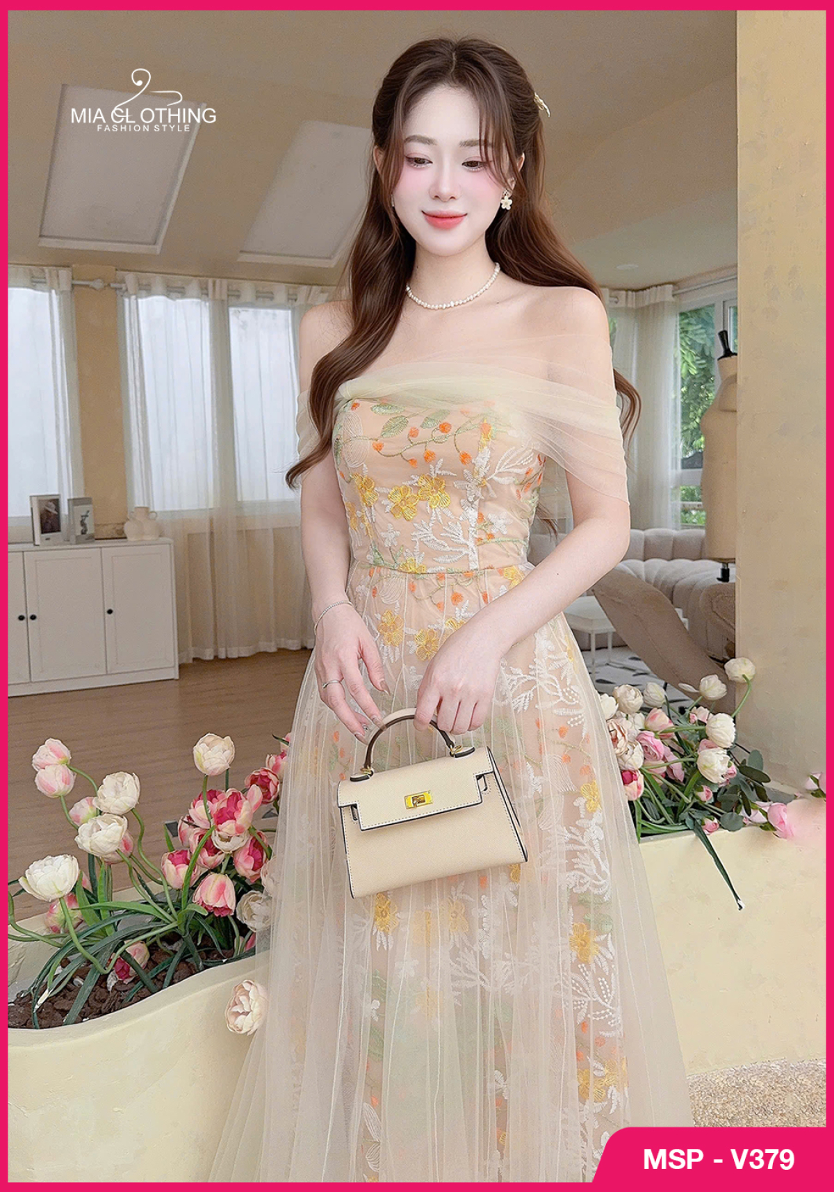 Váy ren thêu phối lưới thiết kế trễ vai cho nàng đi tiệc  3