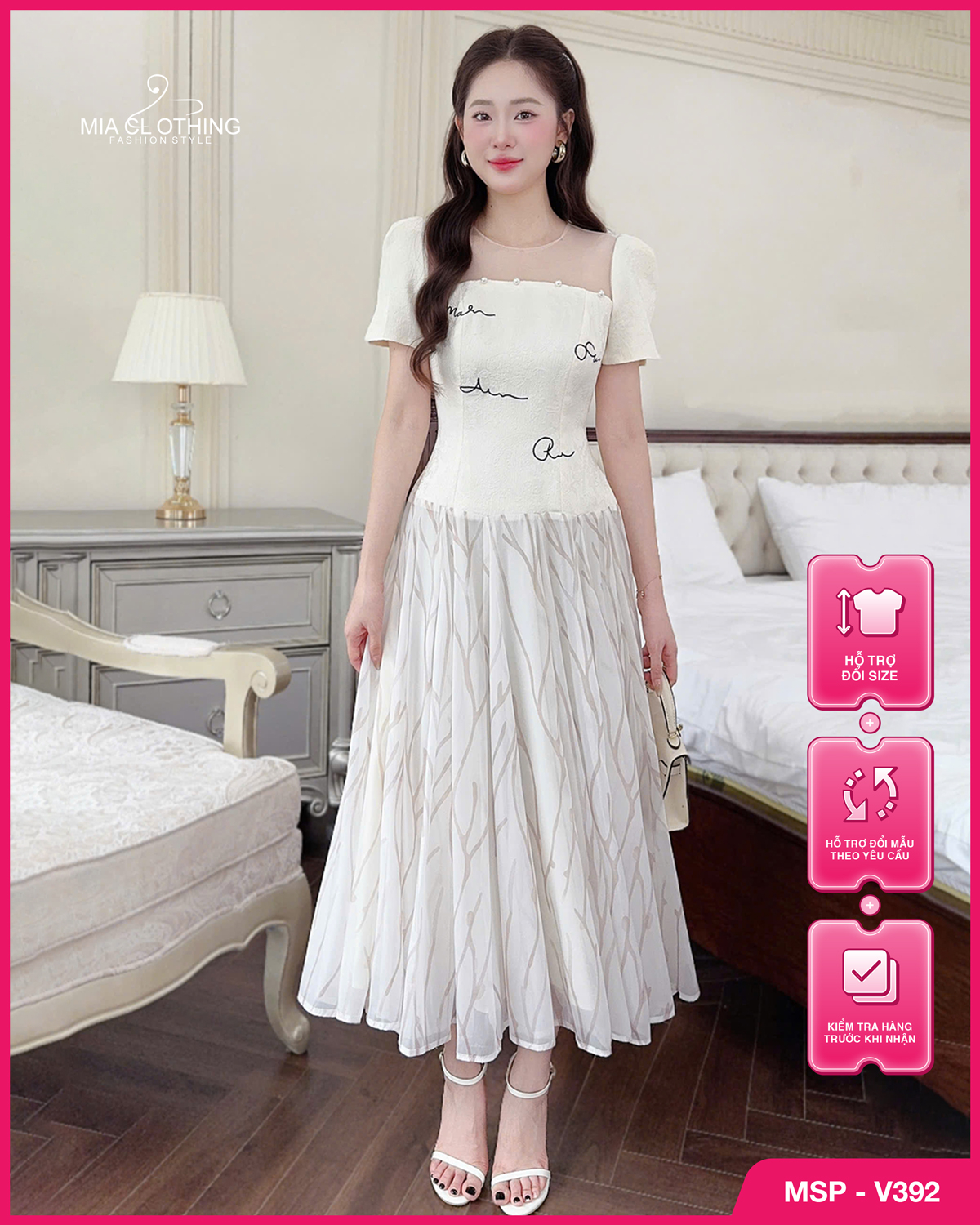 Váy tơ phối gấm thiết kế thanh lịch và ngọt ngào