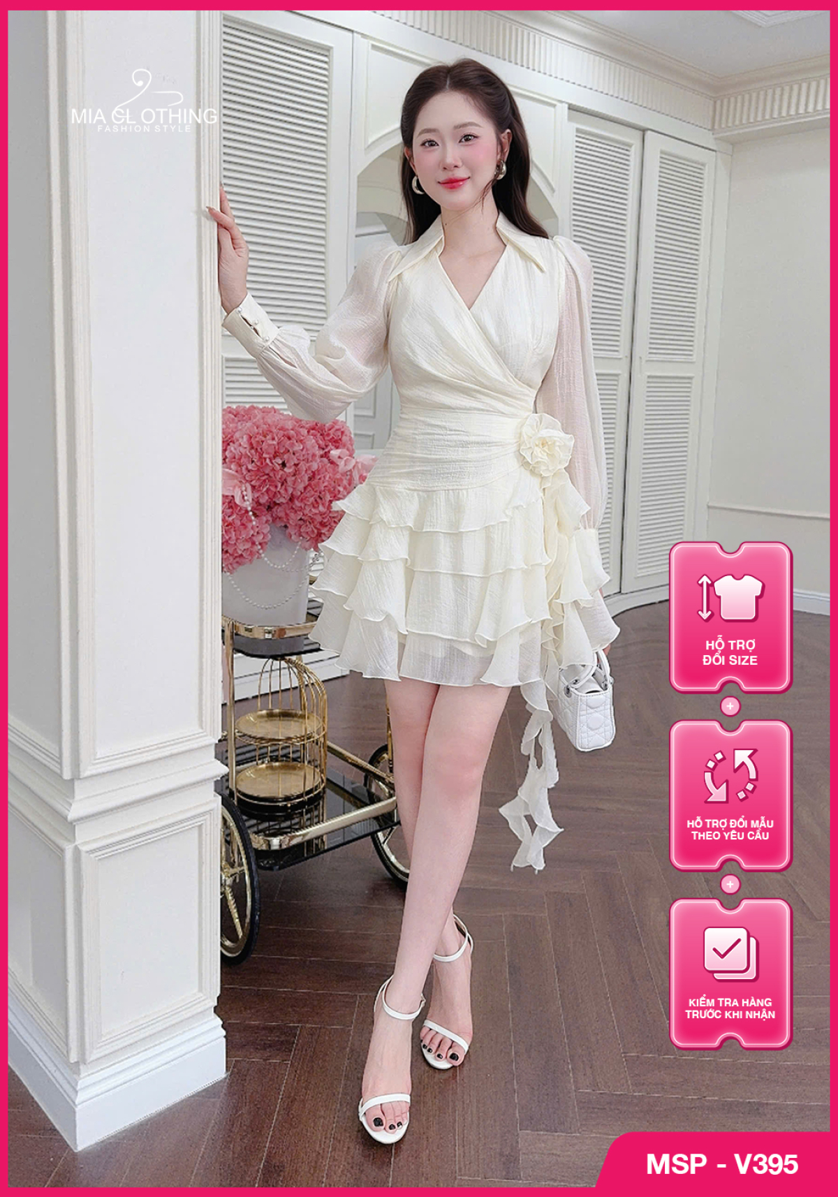 Váy tơ xếp tầng thiết kế hoa eo tiểu thư ngọt ngào 1