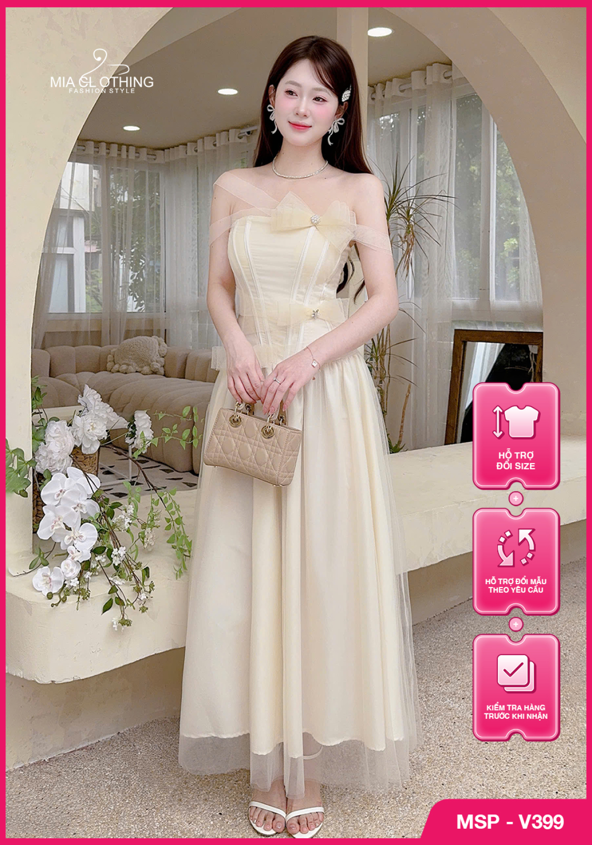 Váy tơ phối lưới thiết kế đính nơ tiểu thư thanh lịch 1