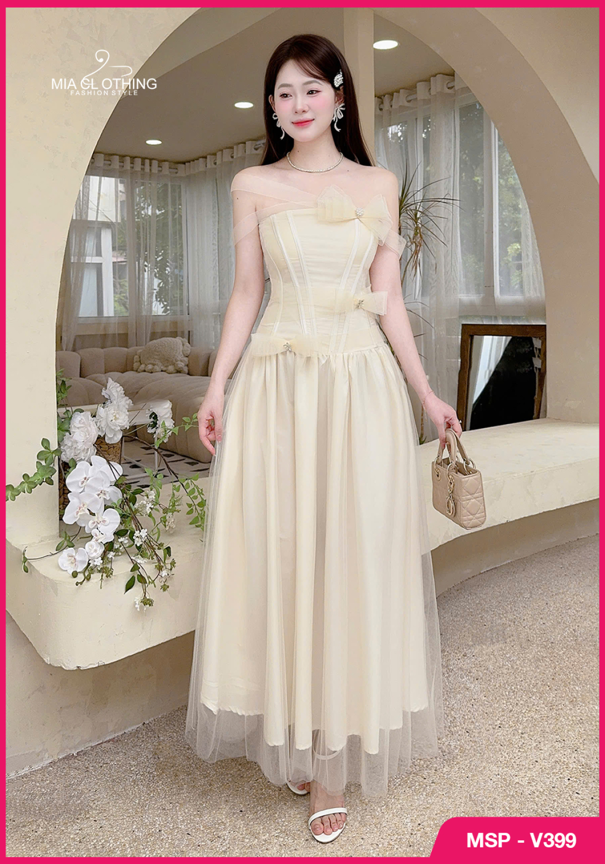 Váy tơ phối lưới thiết kế đính nơ tiểu thư thanh lịch 2