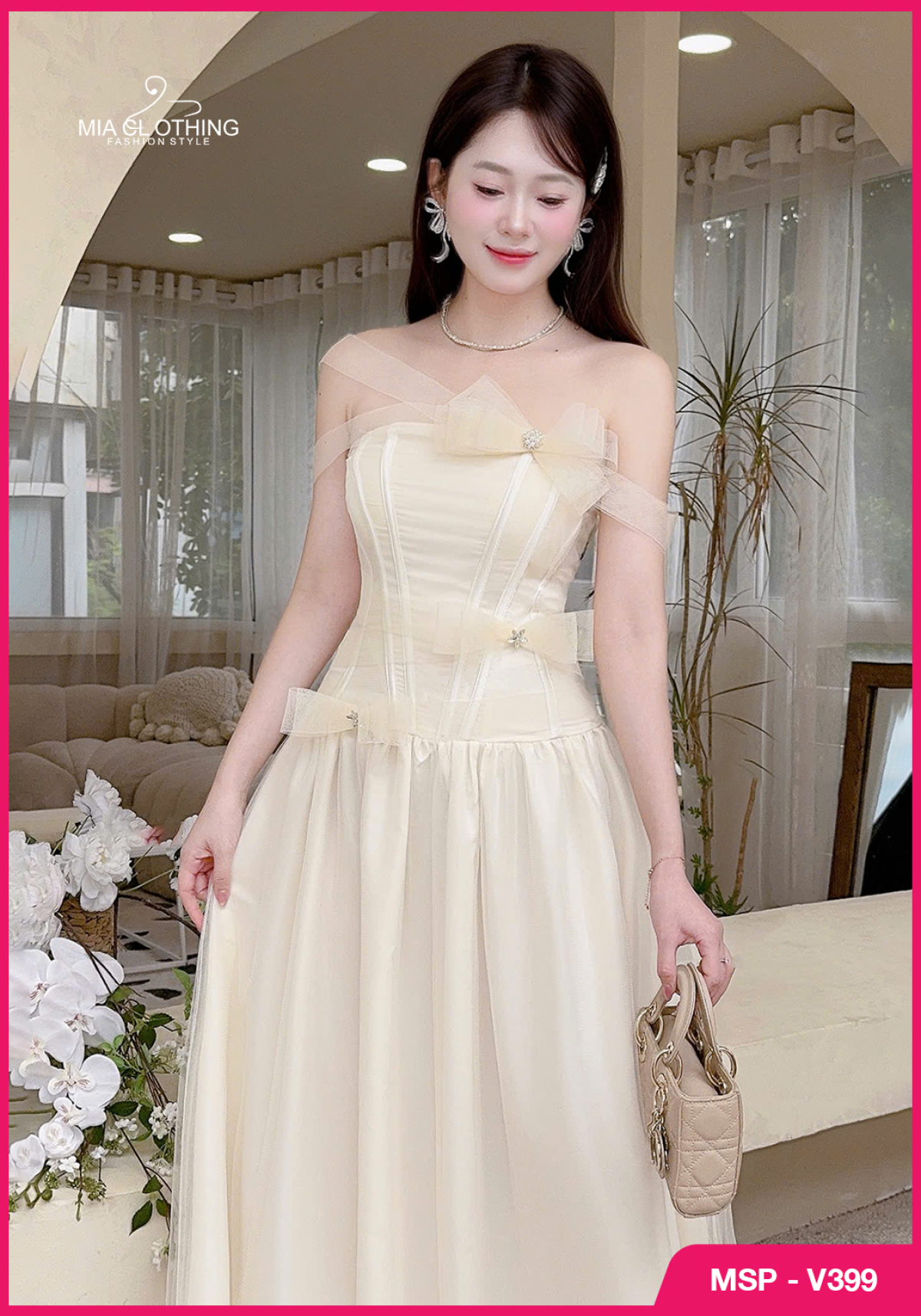 Váy tơ phối lưới thiết kế đính nơ tiểu thư thanh lịch 3