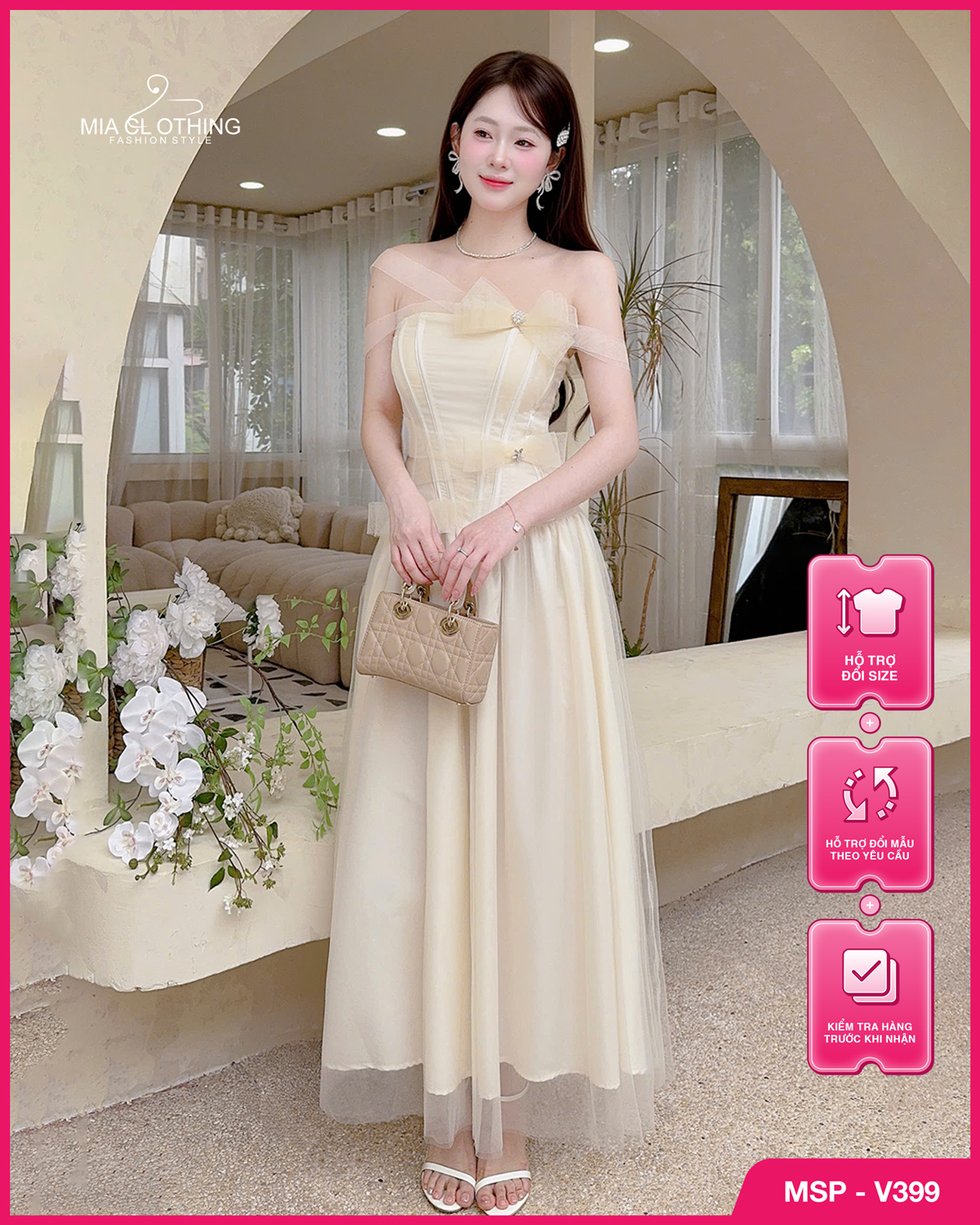 Váy tơ phối lưới thiết kế đính nơ tiểu thư thanh lịch