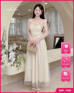 Váy tơ phối lưới thiết kế đính nơ tiểu thư thanh lịch