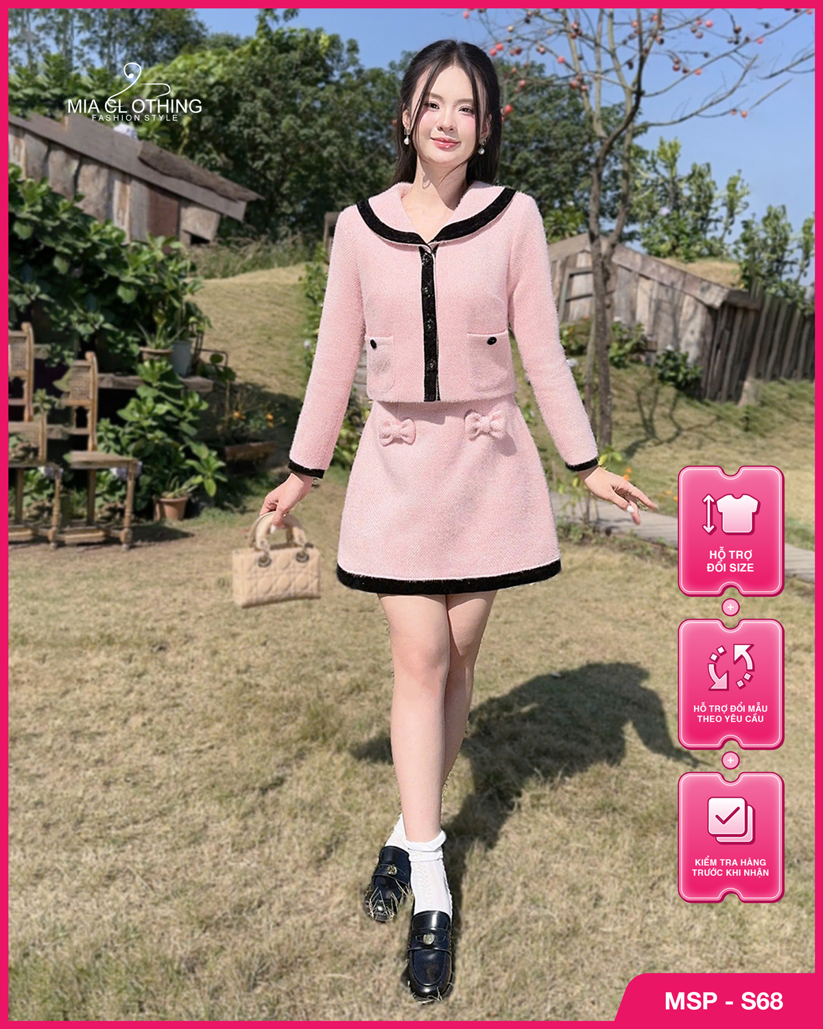 Set dạ lông cao cấp thiết kế áo kèm chân váy tiểu thư sang trọng