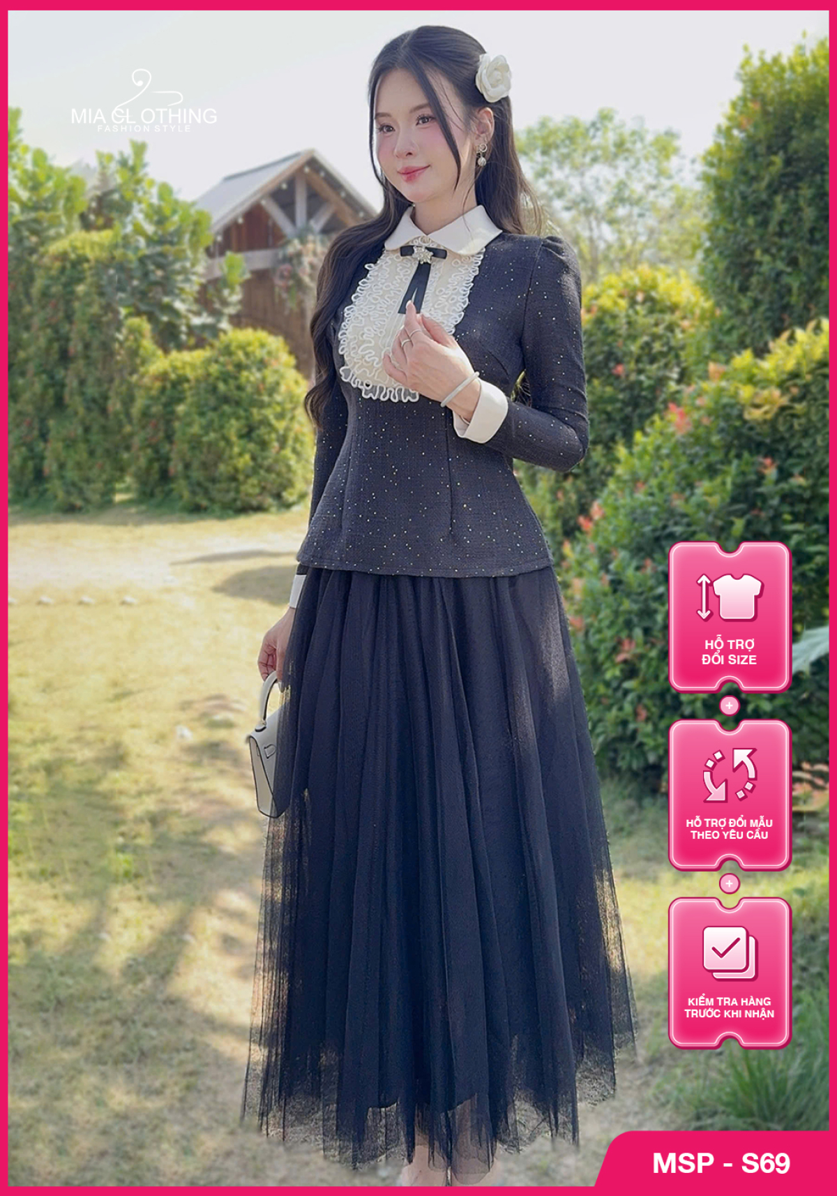 Set áo dạ ánh kim phối chân váy lưới thiết kế tiểu thư sang trọng 1