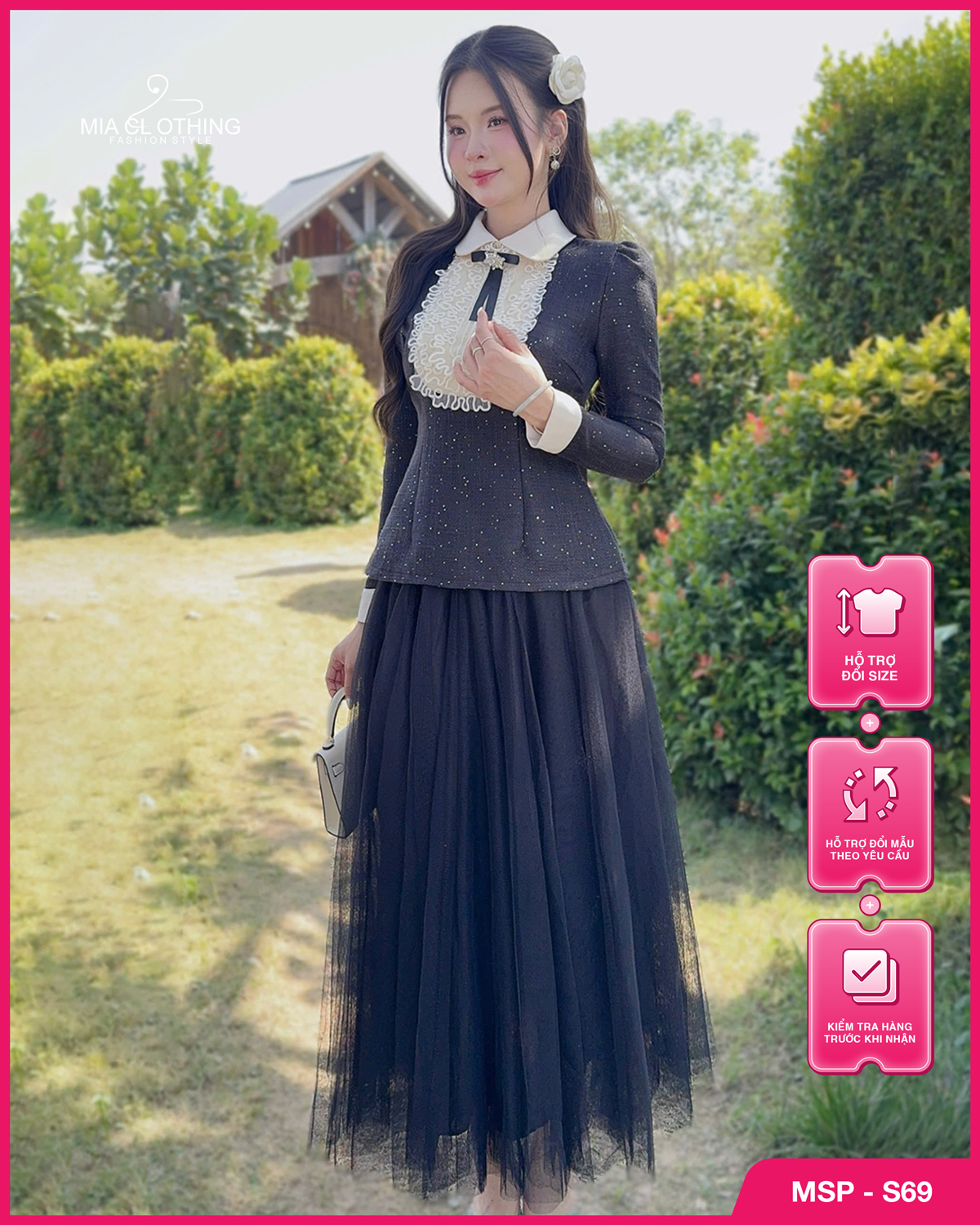 Set áo dạ ánh kim phối chân váy lưới thiết kế tiểu thư sang trọng