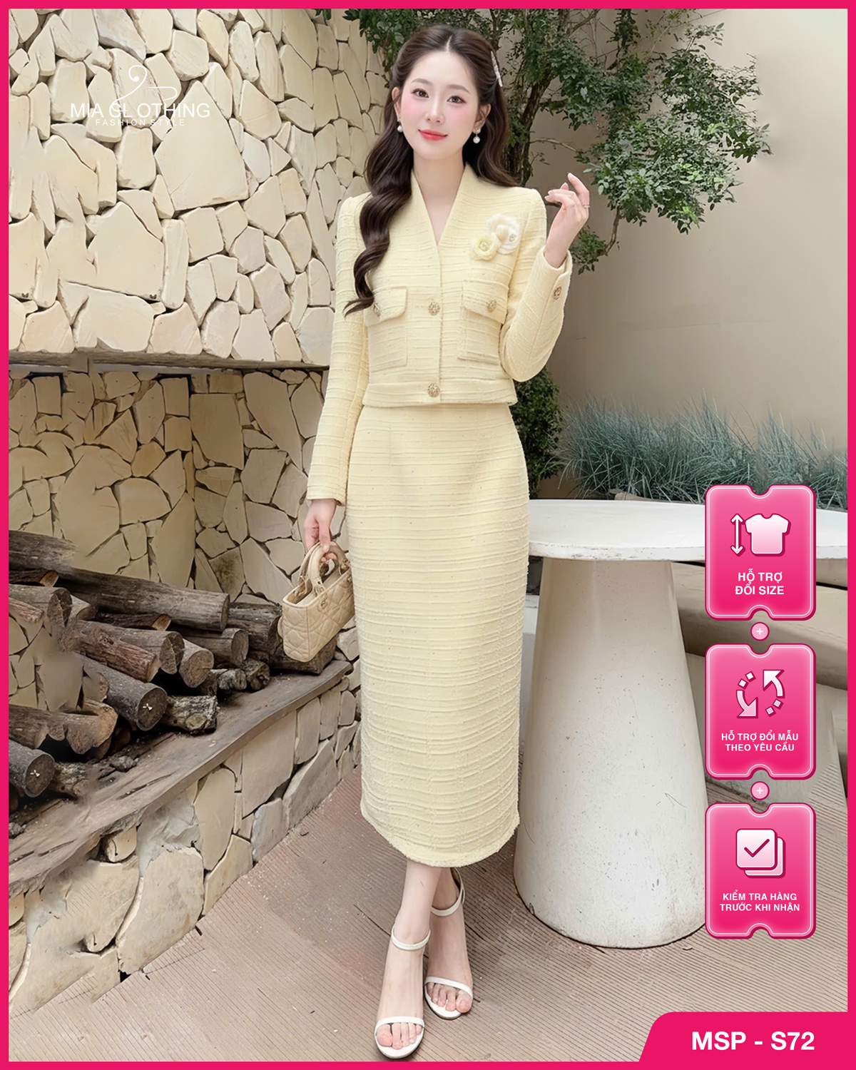 Set dạ thiết kế áo kèm chân váy bút chì thanh lịch và sang trọng