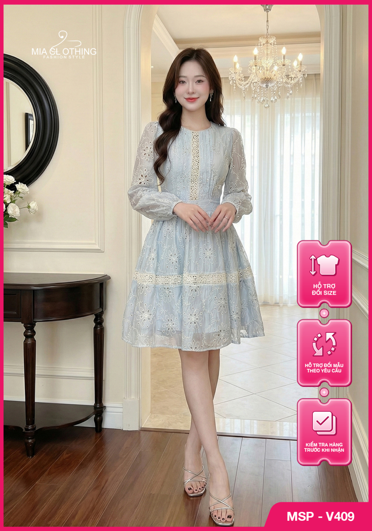 Váy boil thêu phối ren thiết kế tiểu thư thanh lịch và sang trọng 1