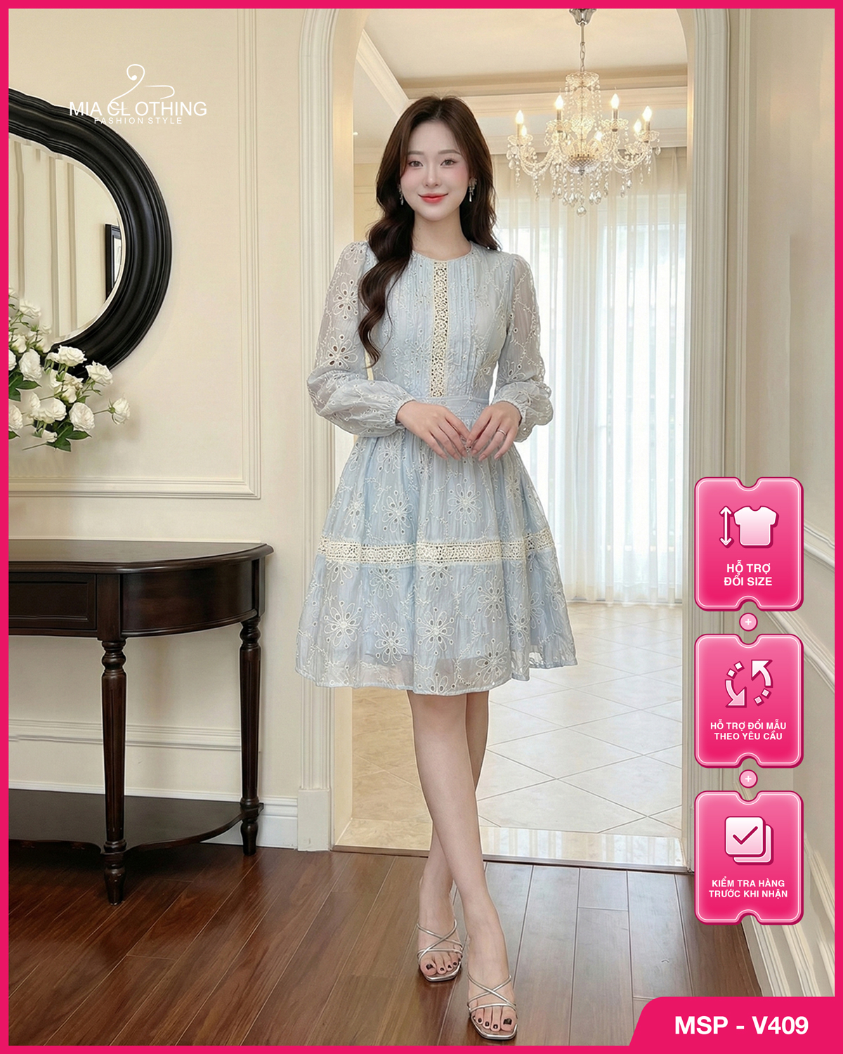 Váy boil thêu phối ren thiết kế tiểu thư thanh lịch và sang trọng