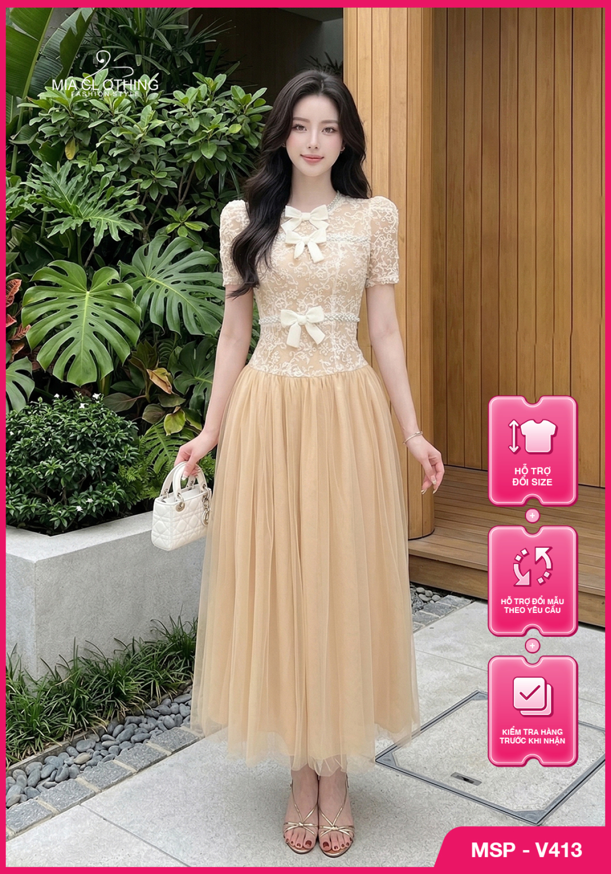 Váy ren phối lưới thiết kế đính nơ tiểu thư thanh lịch 1