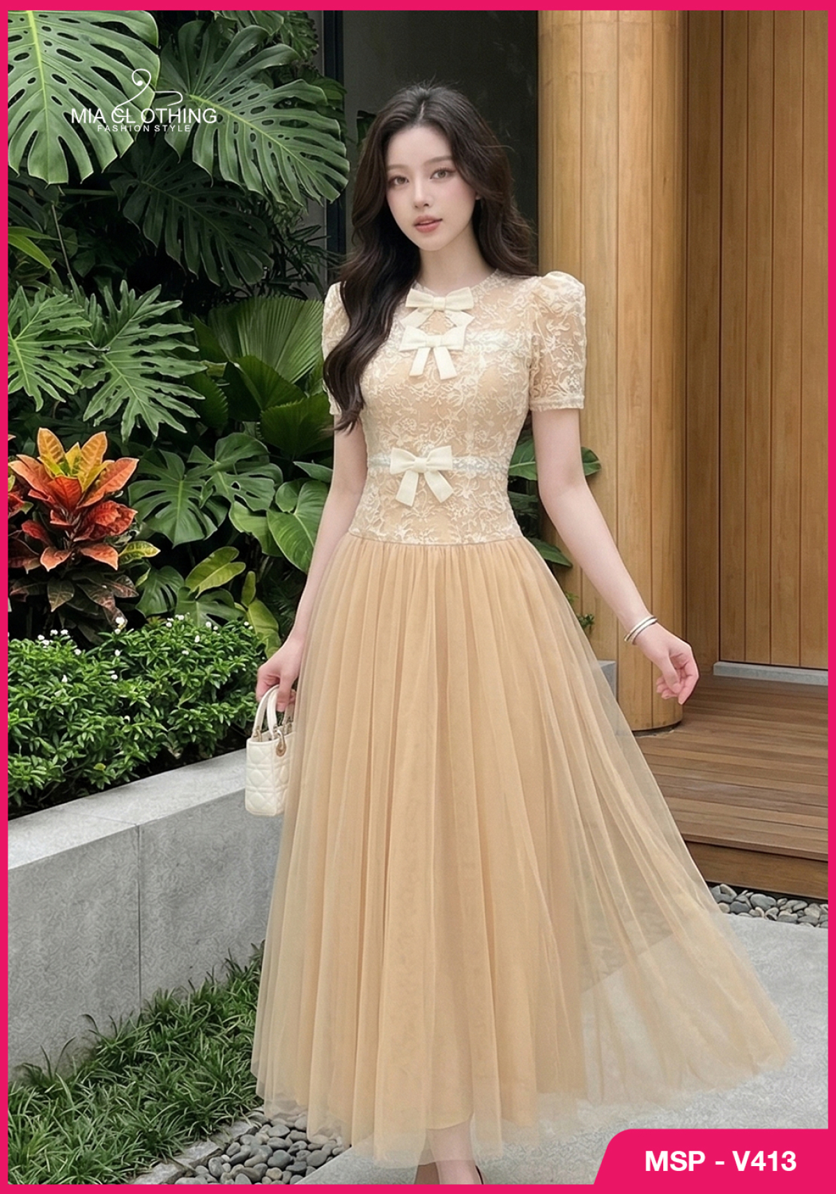 Váy ren phối lưới thiết kế đính nơ tiểu thư thanh lịch 3