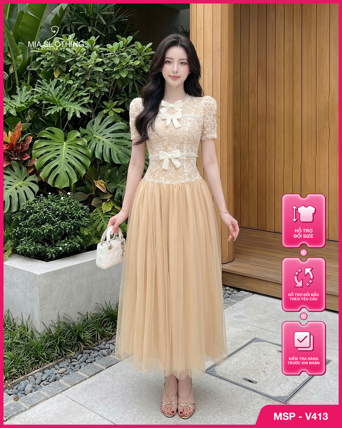 Váy ren phối lưới thiết kế đính nơ tiểu thư thanh lịch