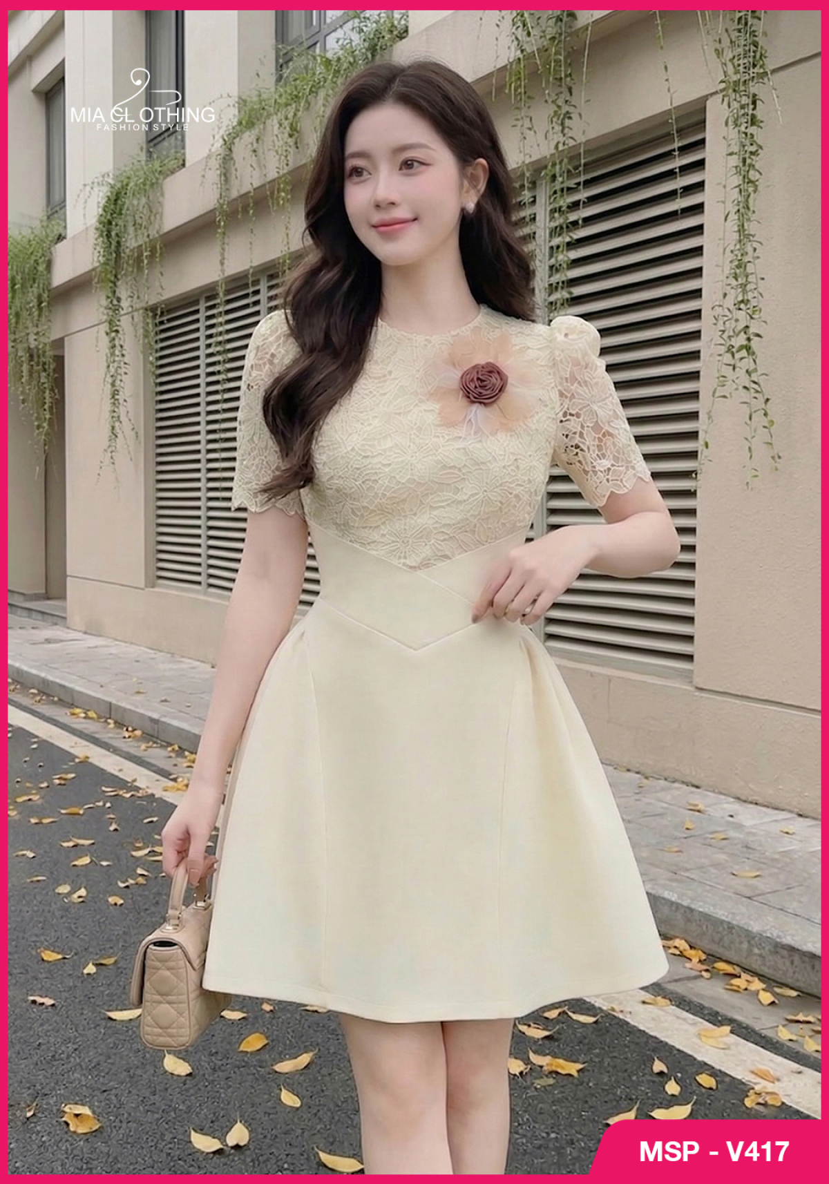 Váy ren phối vải chéo hàn thiết kế tiểu thư thanh lịch 2