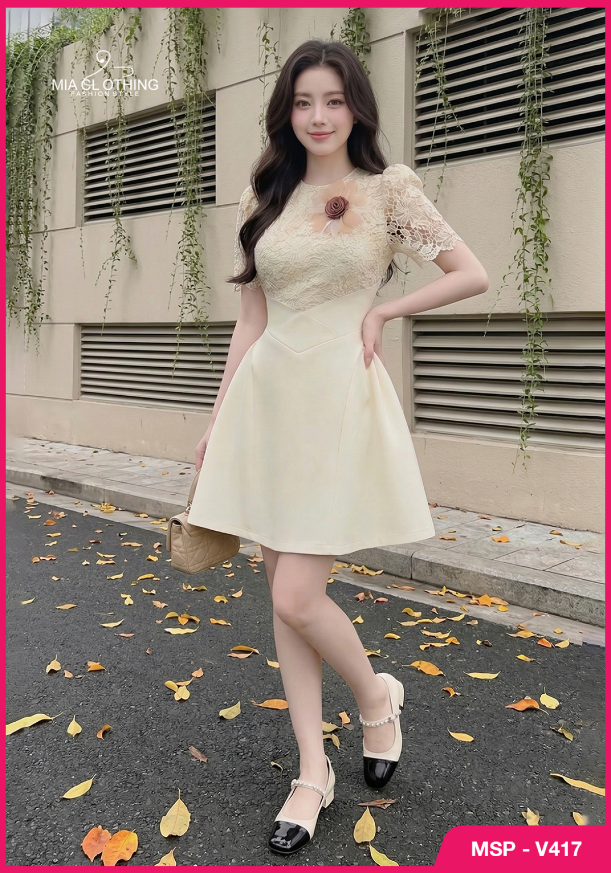 Váy ren phối vải chéo hàn thiết kế tiểu thư thanh lịch 3