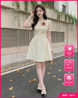 Váy ren phối vải chéo hàn thiết kế tiểu thư thanh lịch