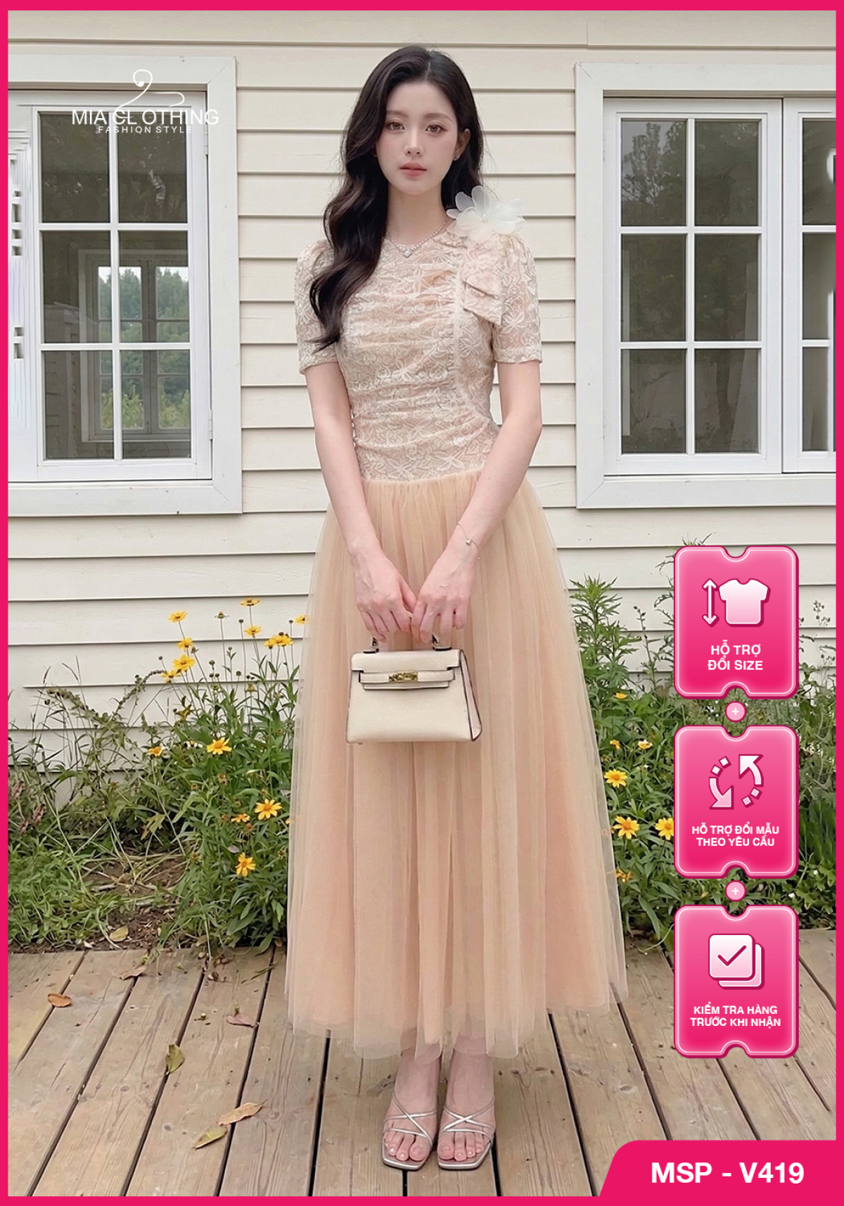 Váy ren phối lưới hoa cài thiết kế tiểu thư thanh lịch và sang trọng 1