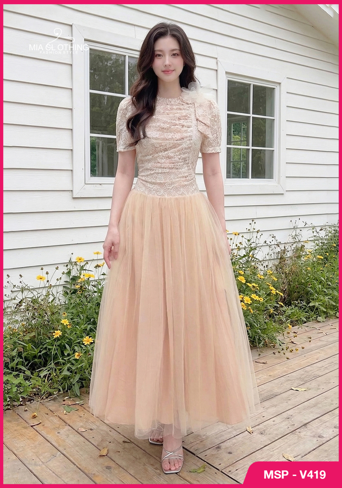 Váy ren phối lưới hoa cài thiết kế tiểu thư thanh lịch và sang trọng 3