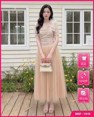 Váy ren phối lưới hoa cài thiết kế tiểu thư thanh lịch và sang trọng