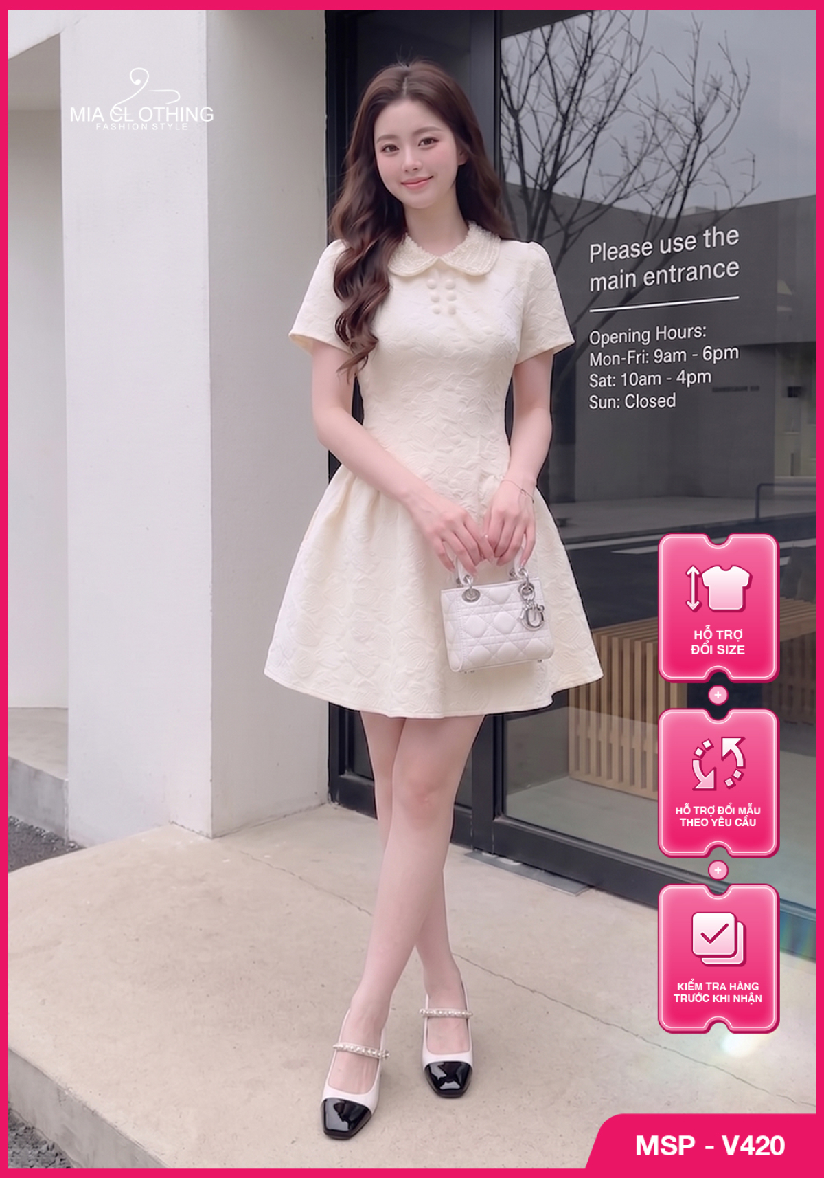 Váy xốp hoa nổi phối cườm cổ thiết kế tiểu thư ngọt ngào sang trọng 1