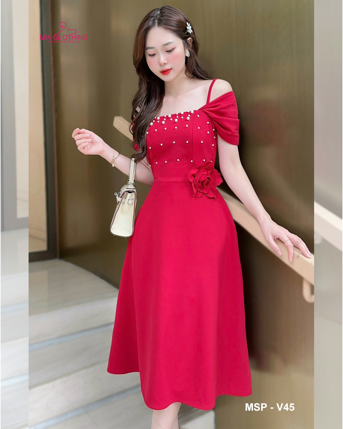 [ HẾT HÀNG ] Váy đỏ phối ngọc thiết kế lịch sự sang trọng 