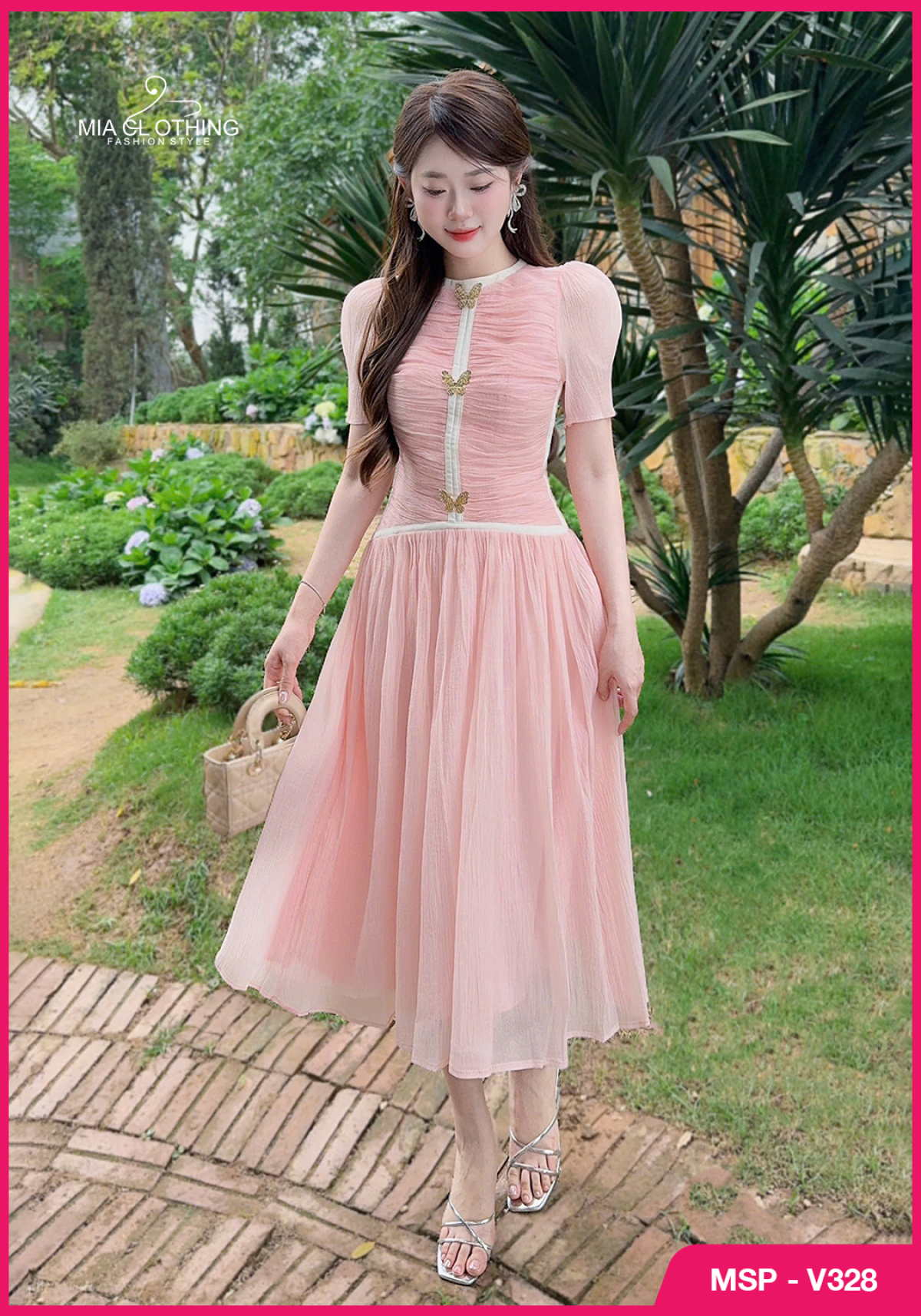 Váy tơ hồng chạy viền thiết kế tiểu thư thanh lịch 5