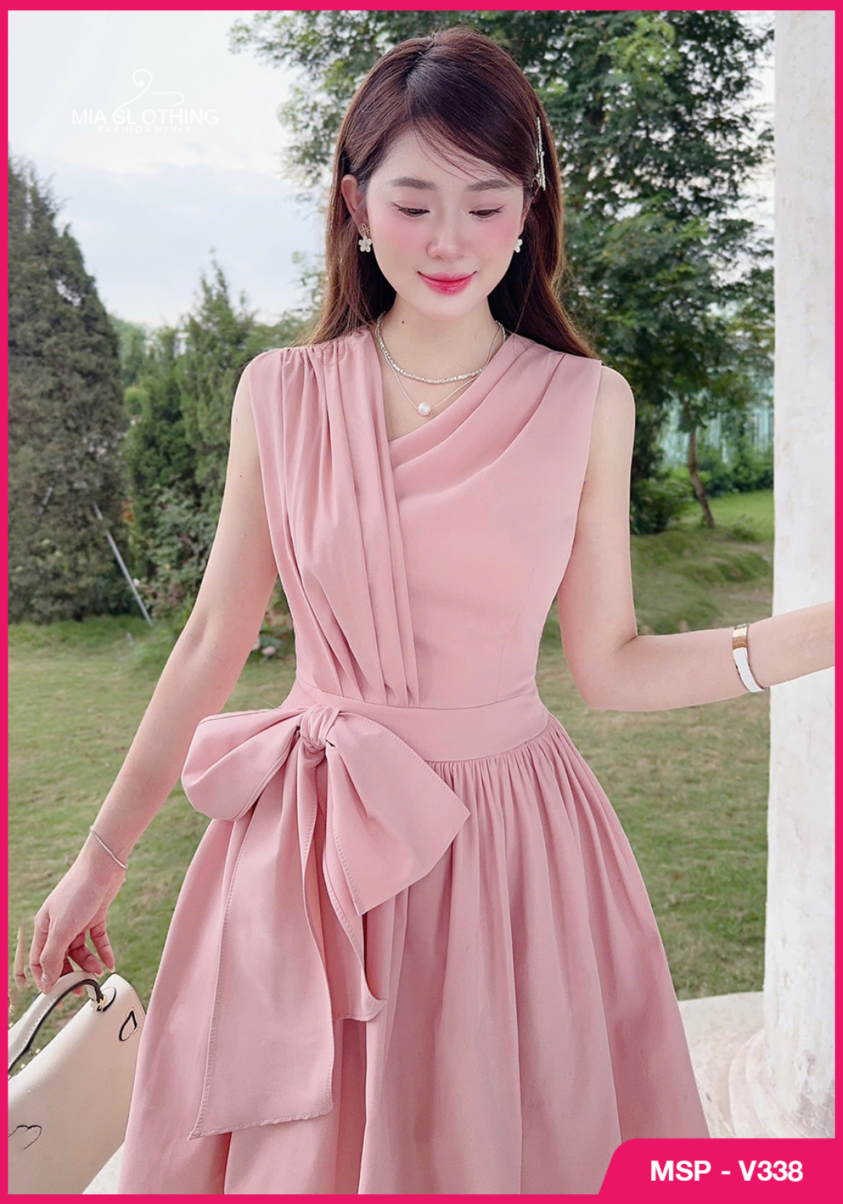 Váy hồng kate dập ly thắt nơ eo thiết kế tiểu thư thanh lịch 4