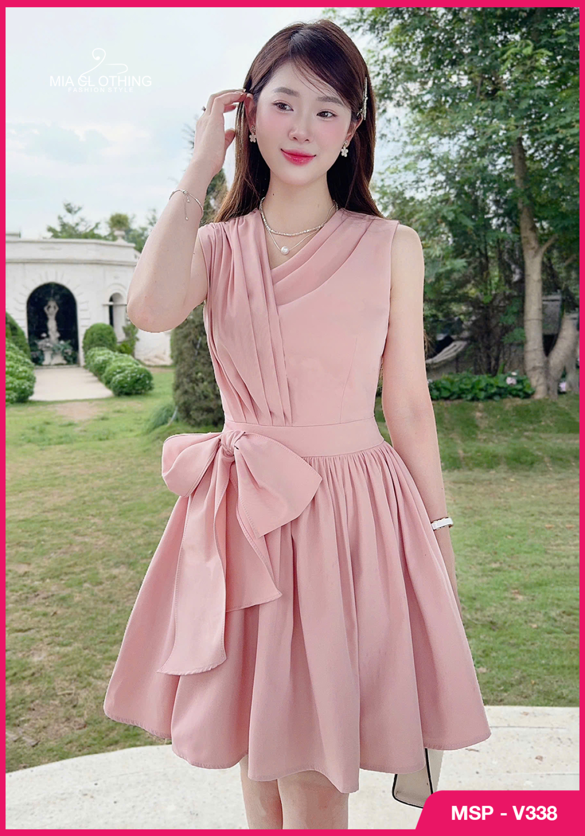 Váy hồng kate dập ly thắt nơ eo thiết kế tiểu thư thanh lịch 6