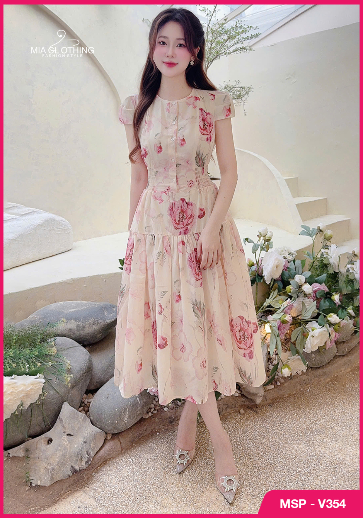 Váy đũi thô thiết kế chun eo họa tiết hoa thanh lịch 5