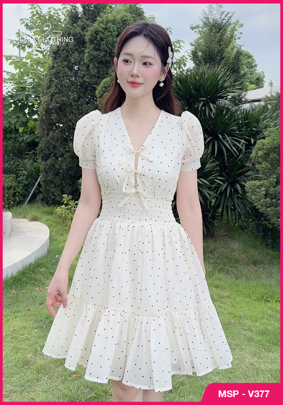 Váy tơ chấm bi thiết kế chun eo tiểu thư thanh lịch 5